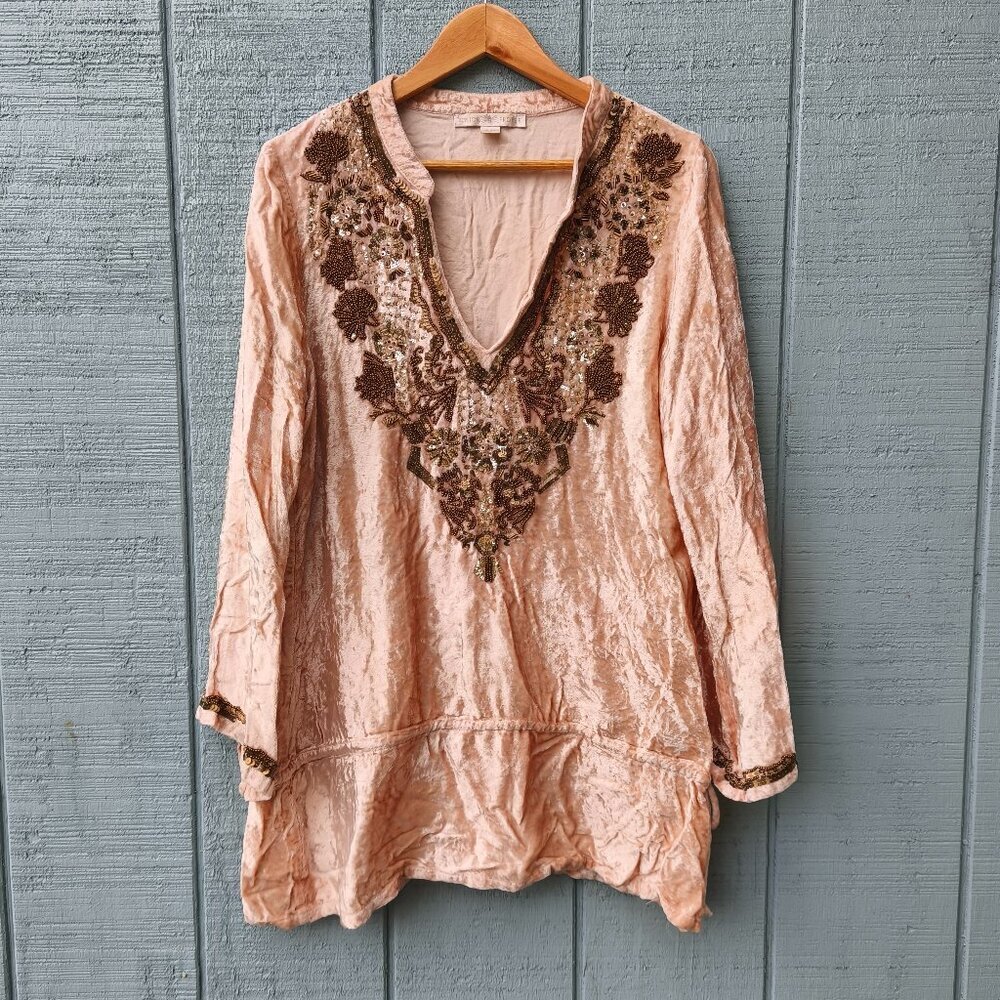 y2k Boston Proper Velvet Embellished Embroidered Tunic sz M/L Champagne Brown